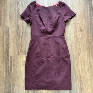 REISS Midi Dress Atlee Tailored Formal Pencil 4 Burgundy Wool Short Sleeve Lined